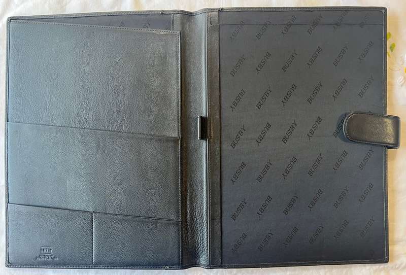 BLACK BUSBY A4 SIZE LEATHER FOLDER IN EXCELLENT CONDITION
