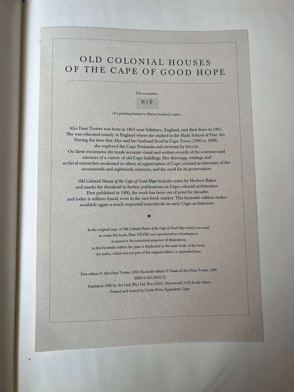 NUMBERED 619/1500! OLD COLONIAL HOUSES OF THE CAPE OF GOOD HOPE BY ALYS FANE TROTTER