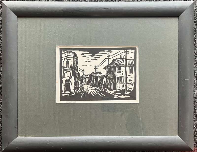 SIGNED! 1 x COLLECTION OF 5 MATCHING WOOD-FRAMED LINOCUTS BY GREGOIRE BOONZAIER