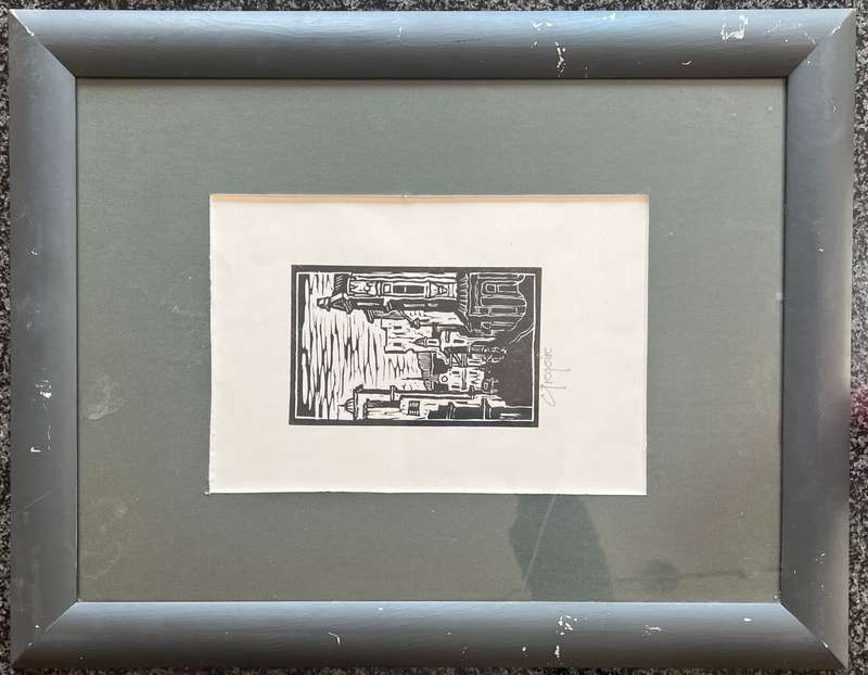 SIGNED! 1 x COLLECTION OF 5 MATCHING WOOD-FRAMED LINOCUTS BY GREGOIRE BOONZAIER