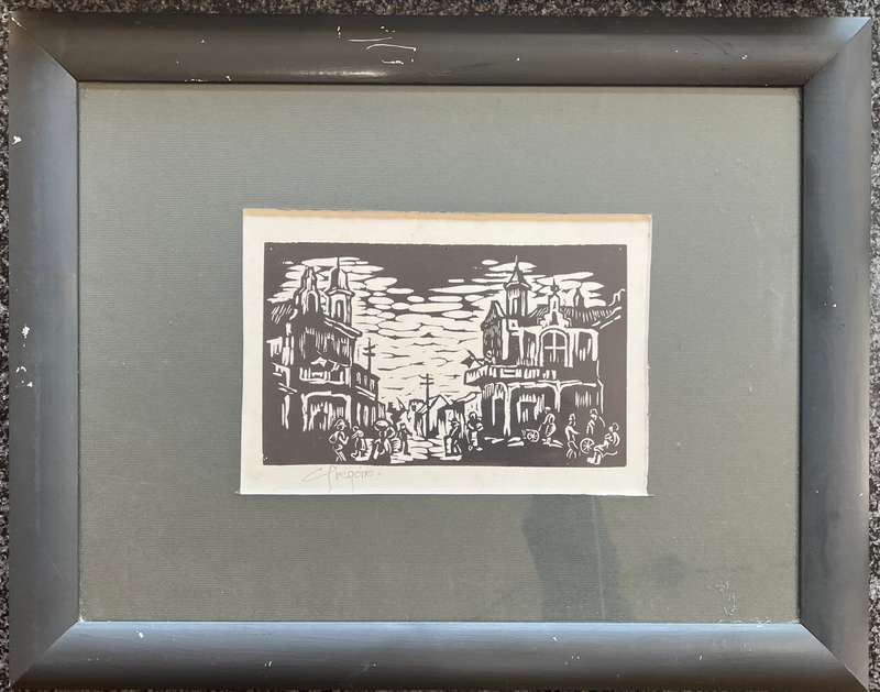 SIGNED! 1 x COLLECTION OF 5 MATCHING WOOD-FRAMED LINOCUTS BY GREGOIRE BOONZAIER