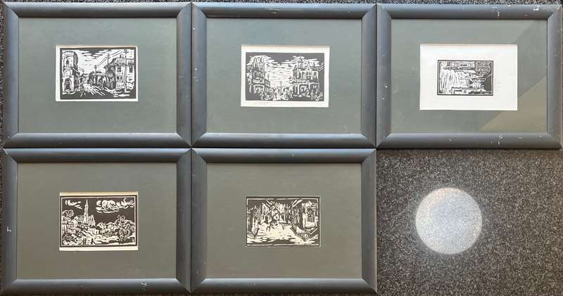 SIGNED! 1 x COLLECTION OF 5 MATCHING WOOD-FRAMED LINOCUTS BY GREGOIRE BOONZAIER
