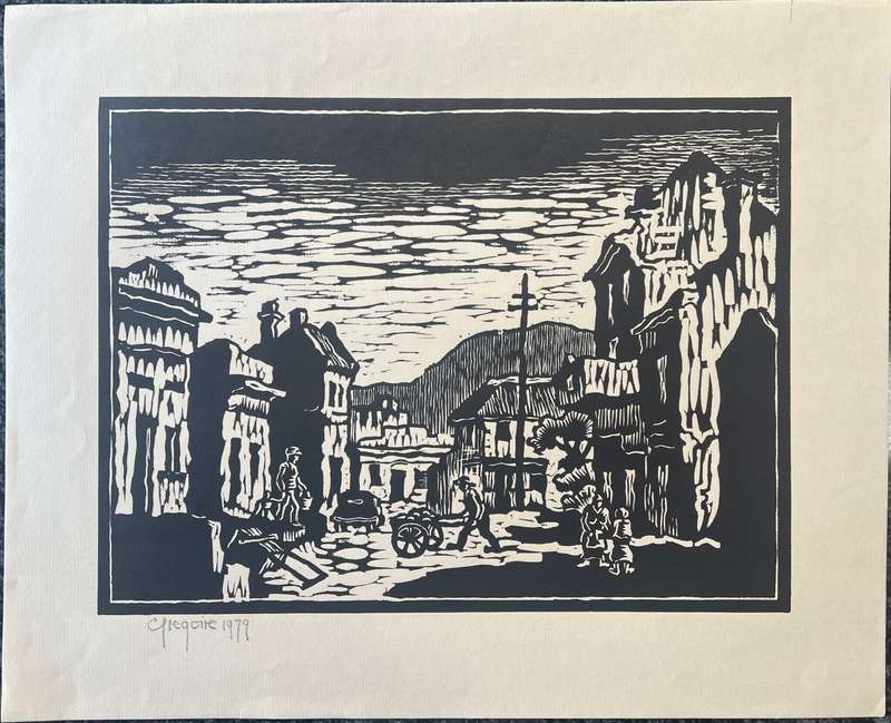 SIGNED AND DATED! GREGOIRE BOONZAIER LINOCUT "STREET SCENE, MALAY QUARTER", 1979