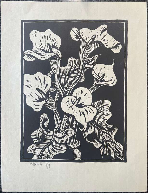 SIGNED AND DATED! GREGOIRE BOONZAIER LINOCUT "ARUM LILIES", 1979