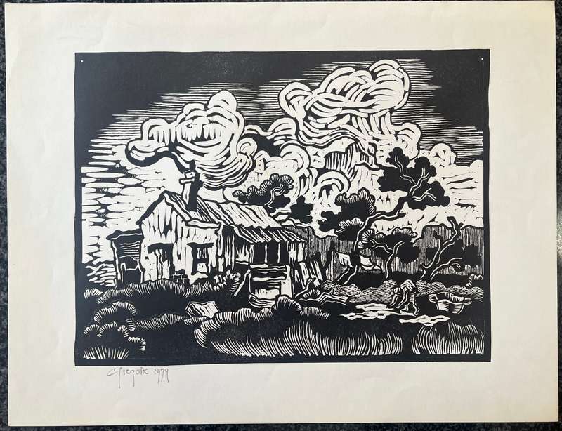 SIGNED AND DATED! GREGOIRE BOONZAIER LINOCUT "HOUSE AMONGST TREES, KENILWORTH", 1979