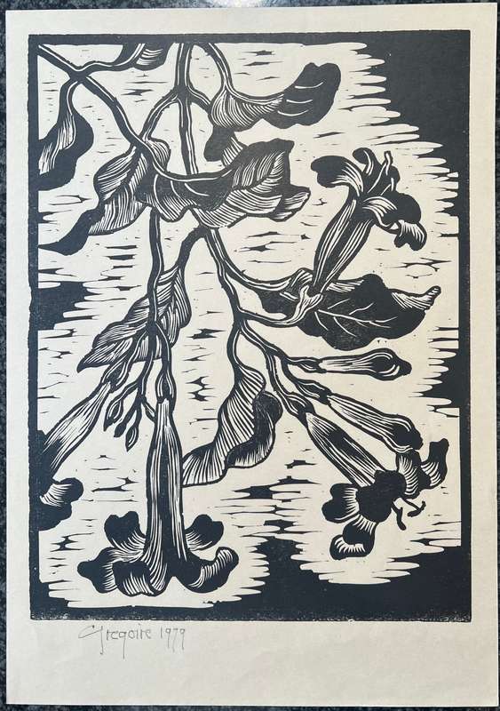 SIGNED AND DATED! GREGOIRE BOONZAIER LINOCUT "HIBISCUS", 1979