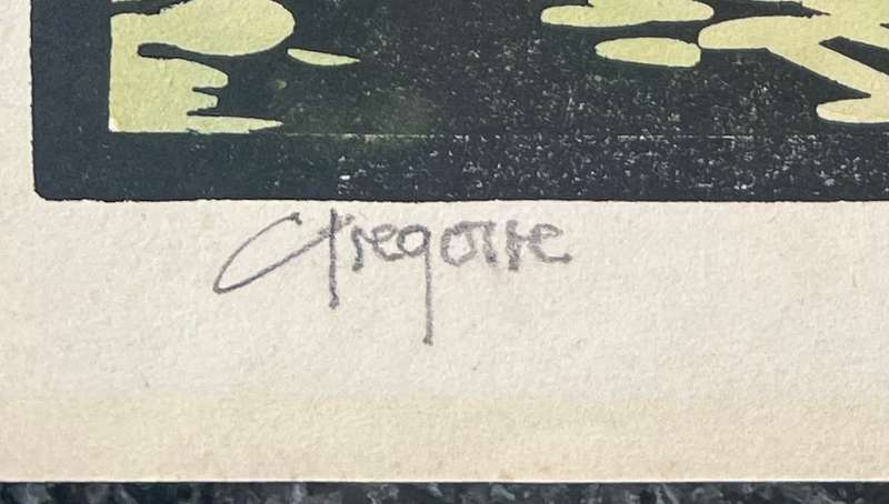 SIGNED! GREGOIRE BOONZAIER HAND COLOURED LINOCUT "WIND-BLOWN TREES"