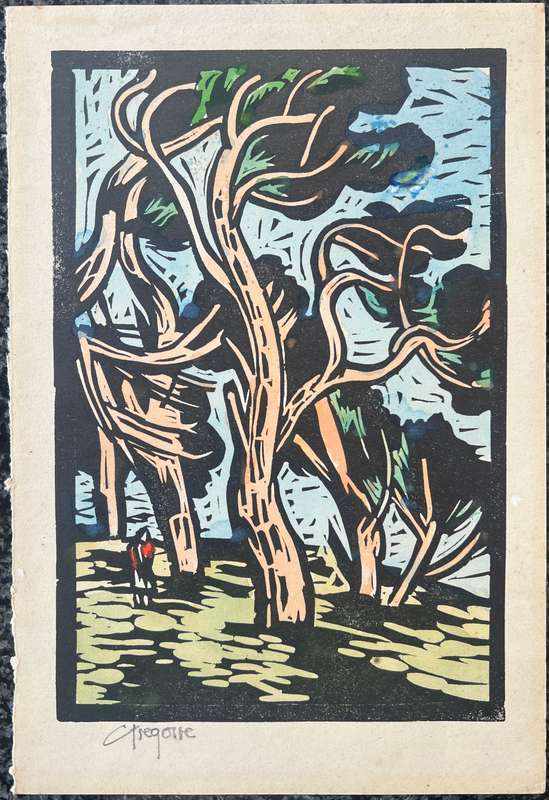 SIGNED! GREGOIRE BOONZAIER HAND COLOURED LINOCUT "WIND-BLOWN TREES"
