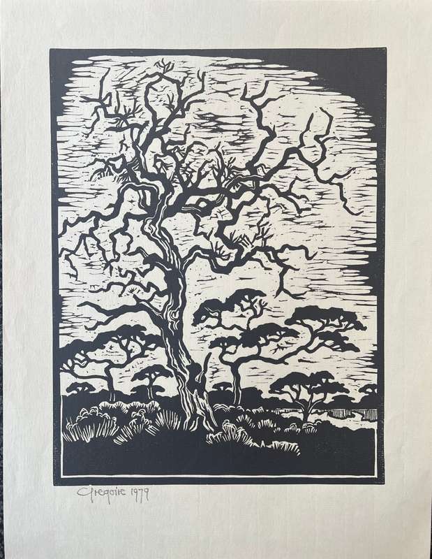 SIGNED AND DATED! GREGOIRE BOONZAIER LINOCUT "BARREN OAK TREE", 1979