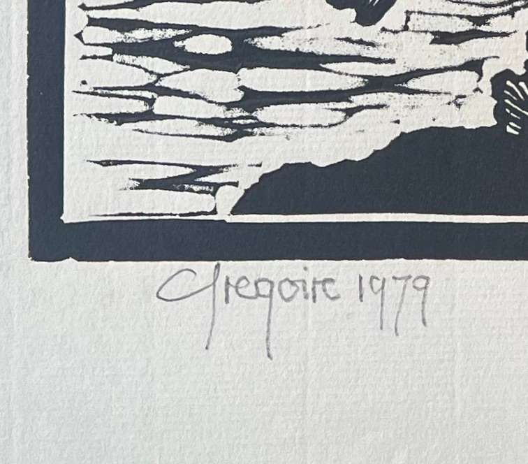 SIGNED AND DATED! GREGOIRE BOONZAIER LINOCUT "TREES WITH STREAM", 1979