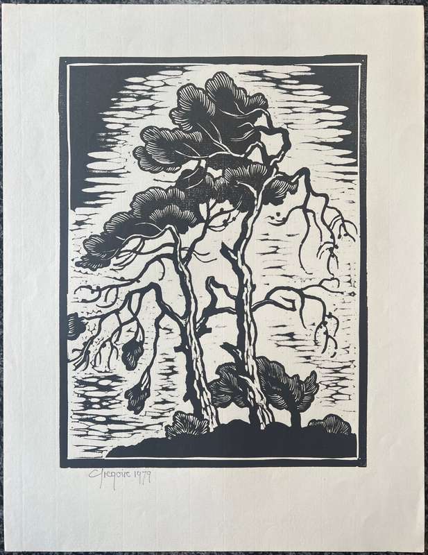 SIGNED AND DATED! GREGOIRE BOONZAIER LINOCUT "TREES WITH STREAM", 1979