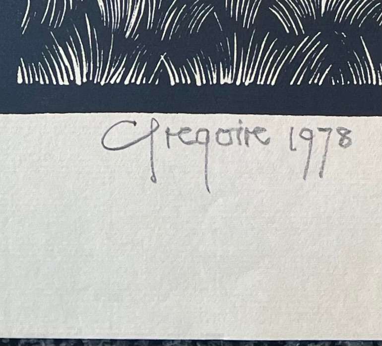 SIGNED AND DATED! GREGOIRE BOONZAIER LINOCUT "TREES", 1978