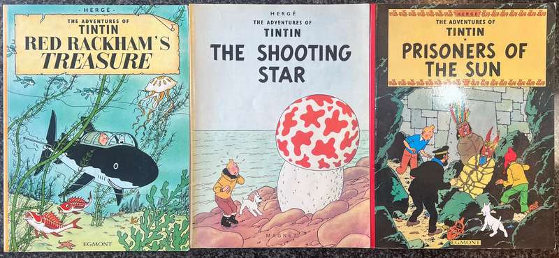 3 THE ADVENTURES OF TINTIN BOOKS: RED RACKHAM'S TREASURE, THE SHOOTING STAR & PRISONERS OF THE SUN