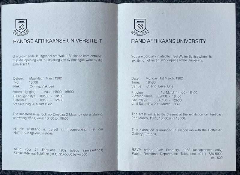 WALTER BATTISS RAU 1 - 20.3.82 EXHIBITION INVITATION AND CATALOGUE