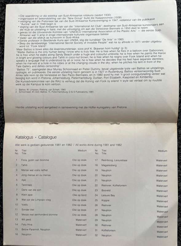 WALTER BATTISS RAU 1 - 20.3.82 EXHIBITION INVITATION AND CATALOGUE
