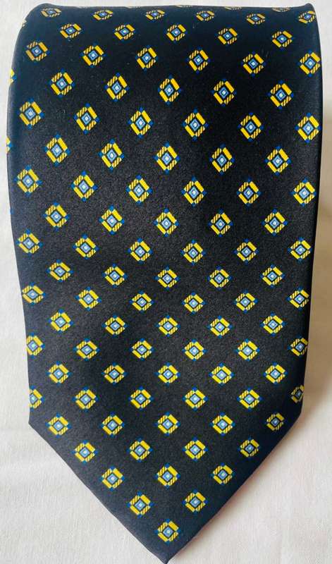 ORIGINAL BALENCIAGA MENS TIE, BLACK WITH GOLD AND BLUE DIAMANTE PATTERN, MADE IN ITALY