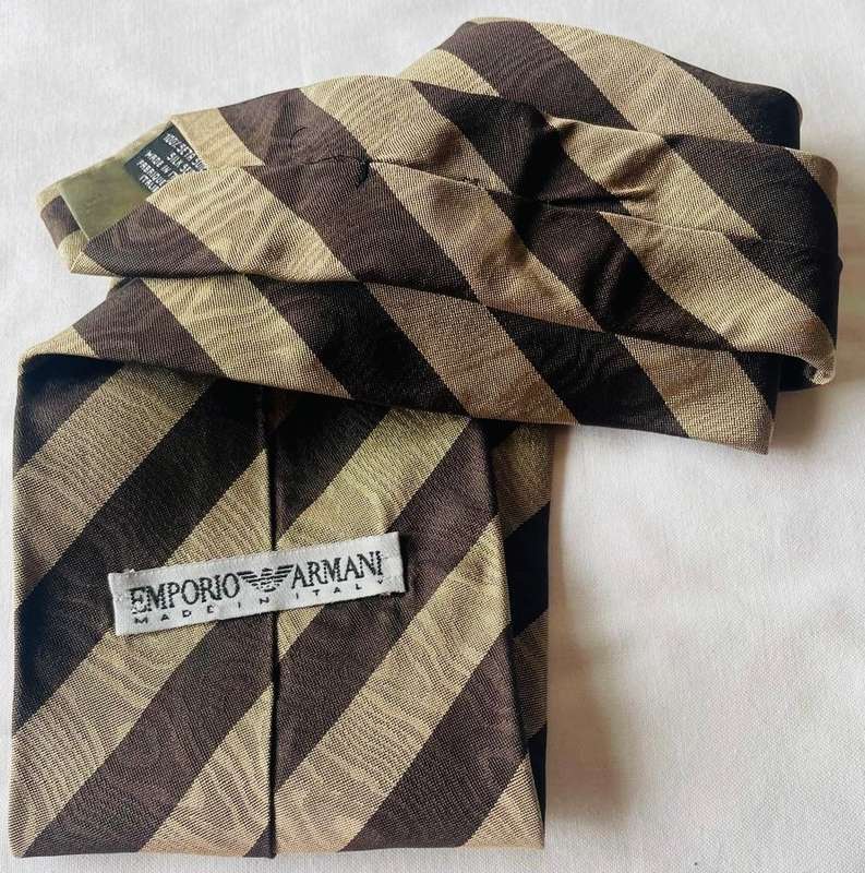 ORIGINAL EMPORIO ARMANI MENS PURE SILK HANDMADE TIE, BROWN AND BEIGE DIAGONAL STRIPES, MADE IN ITALY