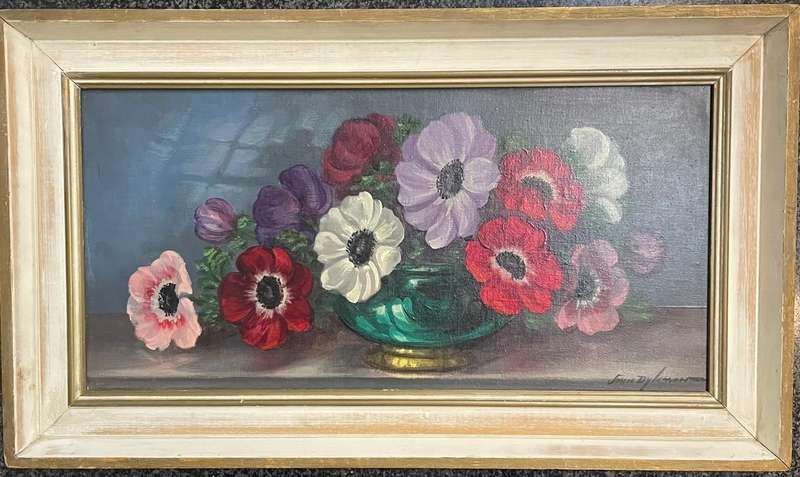 SIGNED! JOHN DYLAN FRAMED OIL PAINTING OF STILL LIFE CASE OF FLOWERS