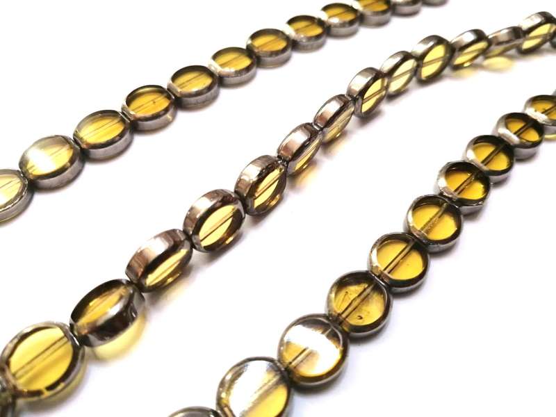 Beads / Glass Beads -10x9.5mm green ovals- silver edged- 33pcs string / Beads for crafting