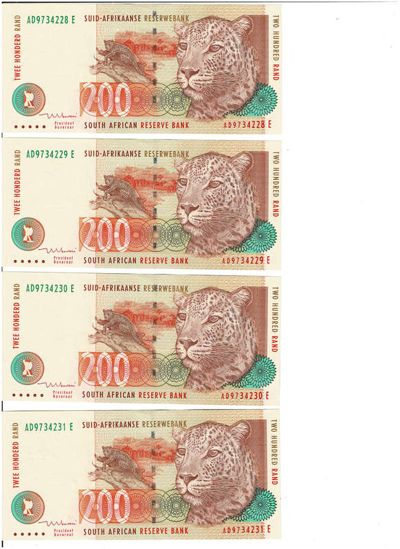 EXTREMELY RARE FIND! 1999 First Issue in sequence 10x R200 notes. Value R30K. Uncirculated.