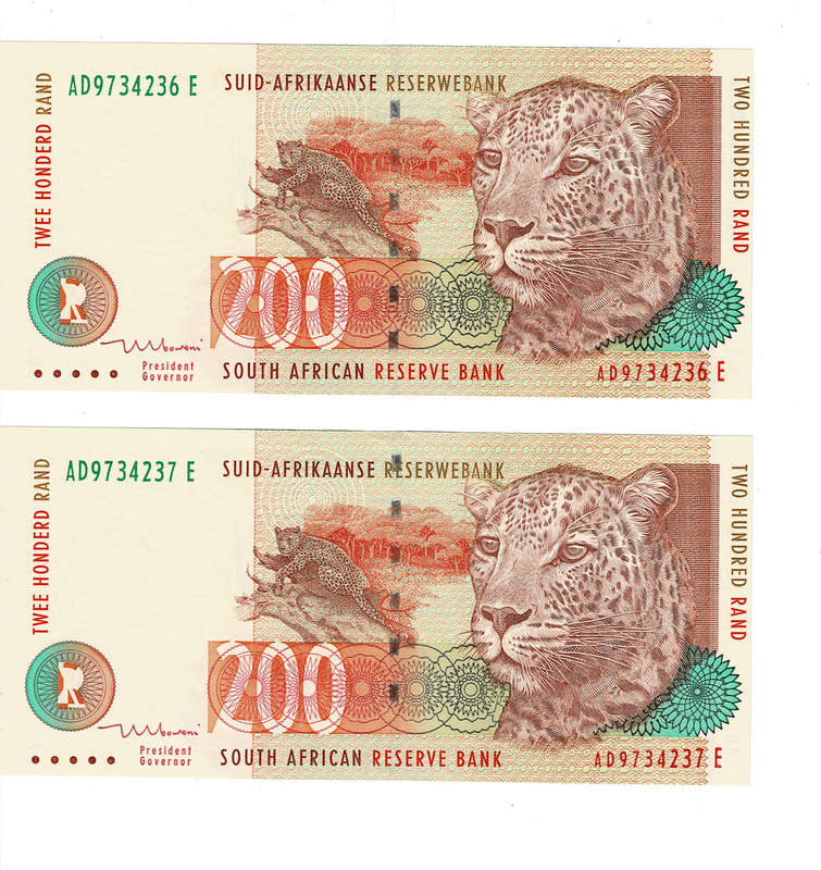 EXTREMELY RARE FIND! 1999 First Issue in sequence 10x R200 notes. Value R30K. Uncirculated.