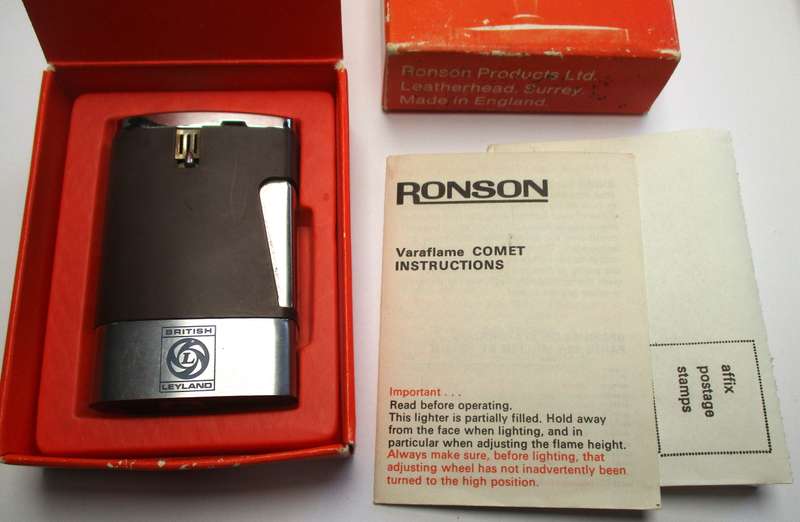 Vintage Ronson Comet Varaflame Gas Lighter - British Leyland - Original box and papers