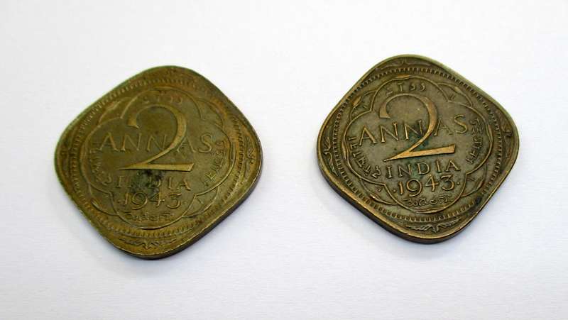 India 2 Annas coins 1943 - large and small 3 pair