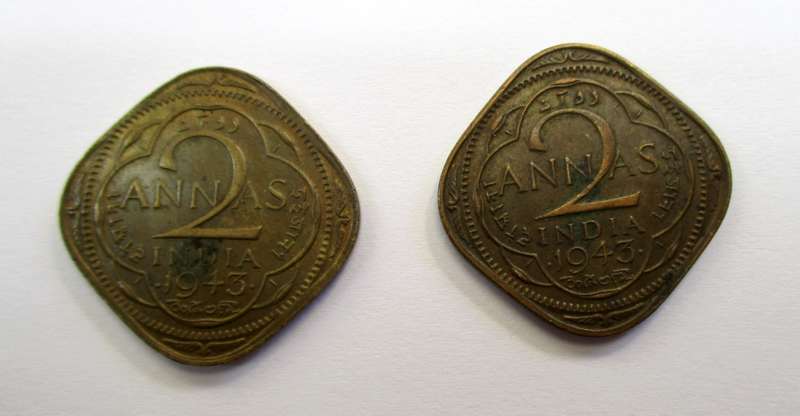 India 2 Annas coins 1943 - large and small 3 pair
