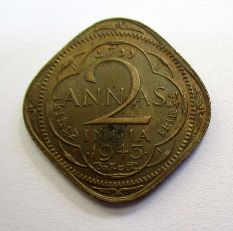 India 2 Annas coins 1943 - large and small 3 pair