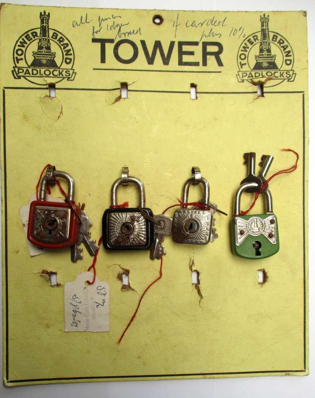Vintage Tower Brand Padlocks with keys on original retail card. Hamburg, Germany