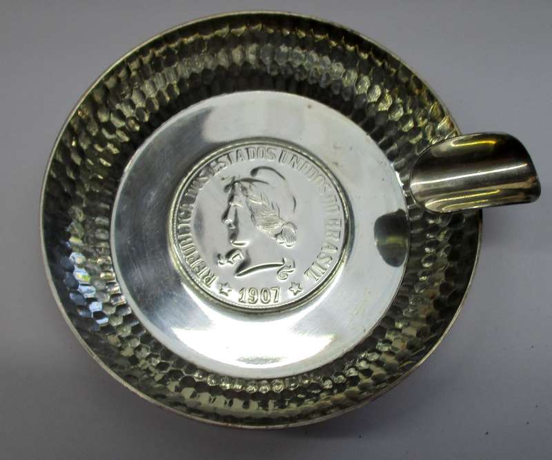 A pair of Vintage silver plated Belprata Ashtrays with Brasil 1907 "coin" detail