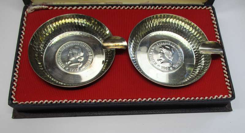 A pair of Vintage silver plated Belprata Ashtrays with Brasil 1907 "coin" detail