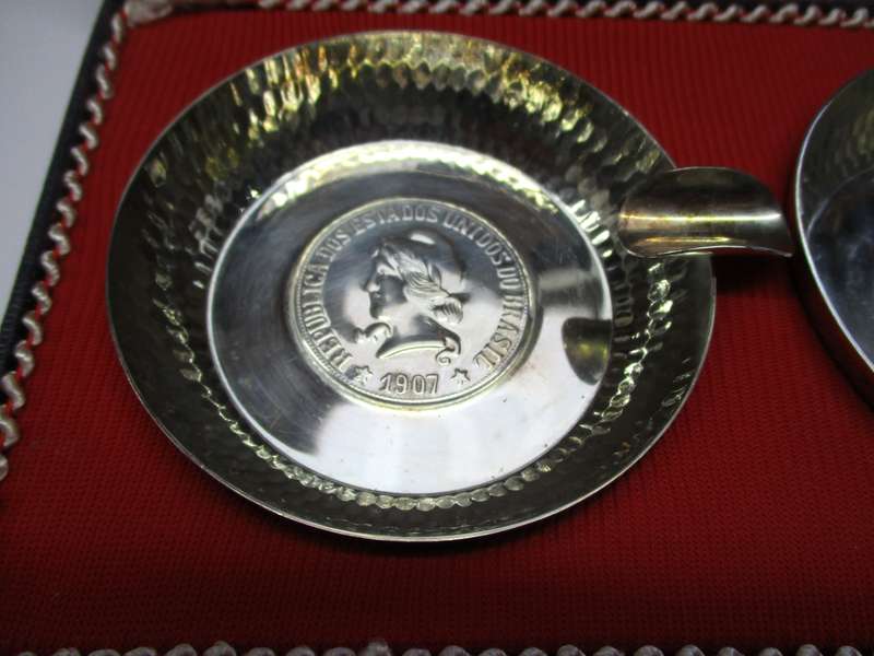 A pair of Vintage silver plated Belprata Ashtrays with Brasil 1907 "coin" detail