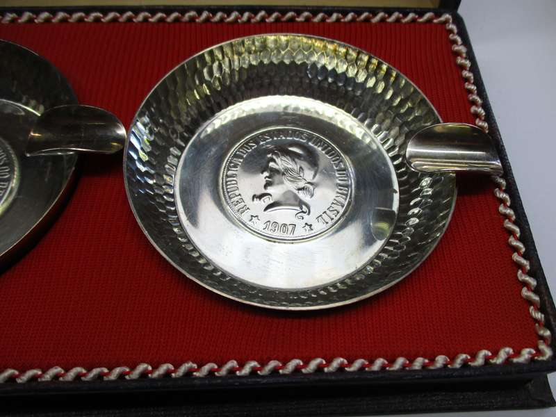 A pair of Vintage silver plated Belprata Ashtrays with Brasil 1907 "coin" detail