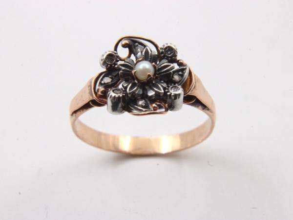 ANTIQUE 18K GOLD, DIAMOND & PEARL RING