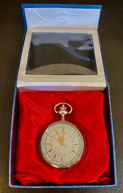 Pocket watch Quartz in box with roman numerals and fancy design and seconds numerals