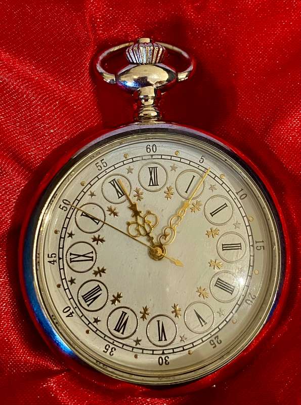 Pocket watch Quartz in box with roman numerals and fancy design and seconds numerals