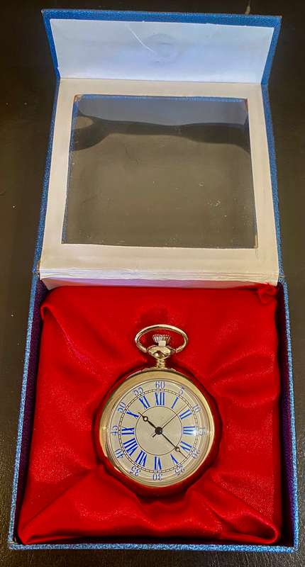 Pocket watch Quartz in box with Roman numerals and seconds numerals