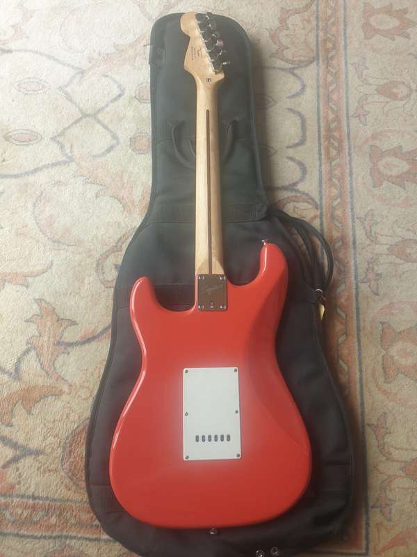 Fender Squire Bullet electric guitar with bag made in Indonesia, Red and white