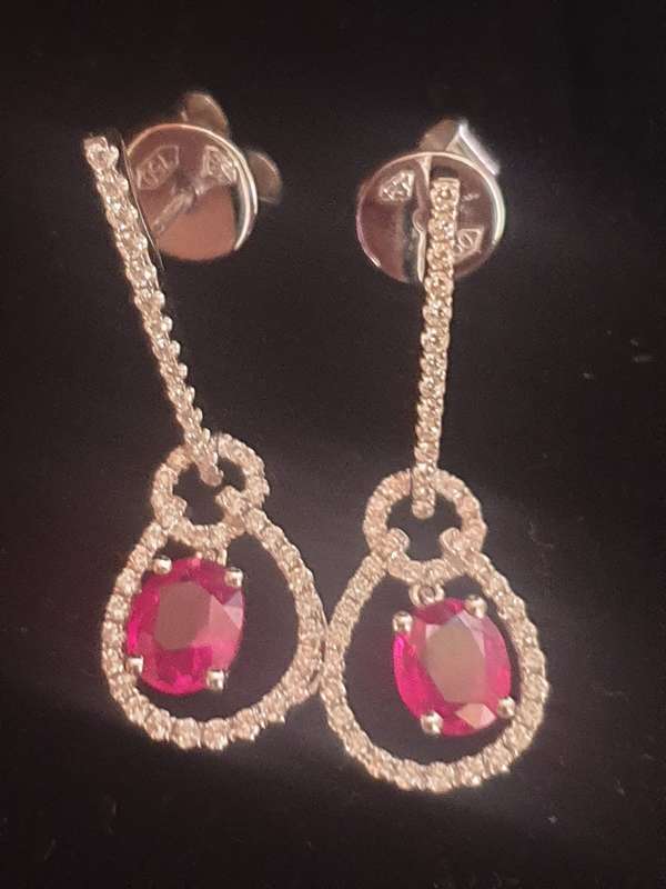 Hand made 18ct white gold, diamond and ruby drop earring