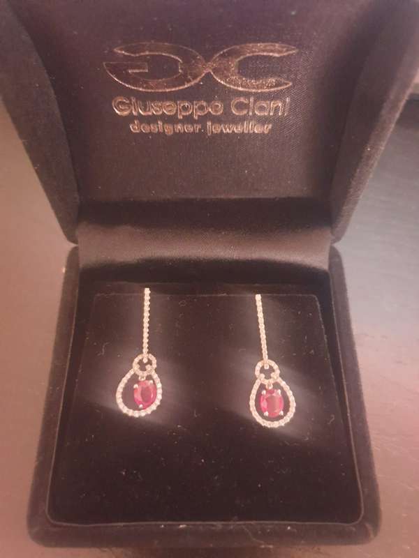 Hand made 18ct white gold, diamond and ruby drop earring