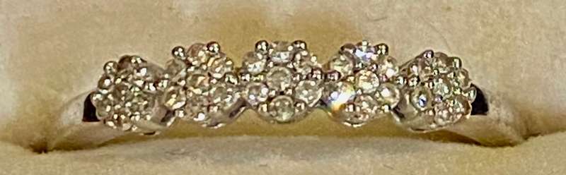 Stunning, 9ct white gold with 5 Diamond flower cluster pattern in a row Eternity ring