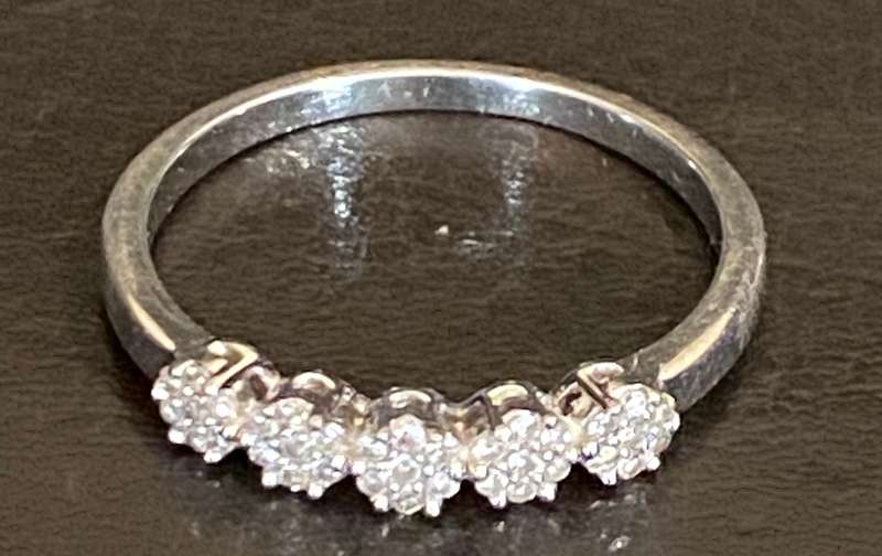 Stunning, 9ct white gold with 5 Diamond flower cluster pattern in a row Eternity ring