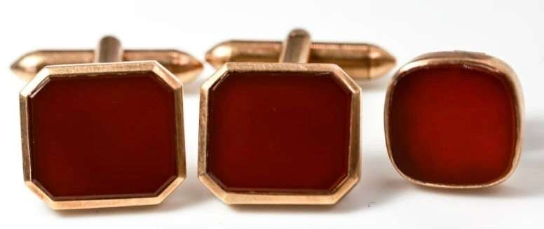 Stunning Vintage South African Hallmarked 9ct gold cuff-links & tie pin with reddish enamel