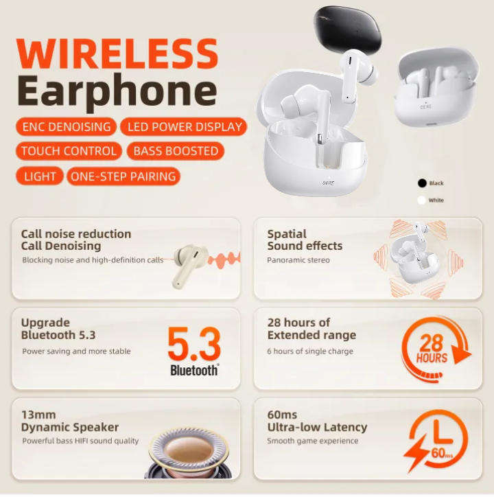 QERE E38 TWS Wireless Earbuds, White & Black, In-Ear Design with Charging Case (Black)