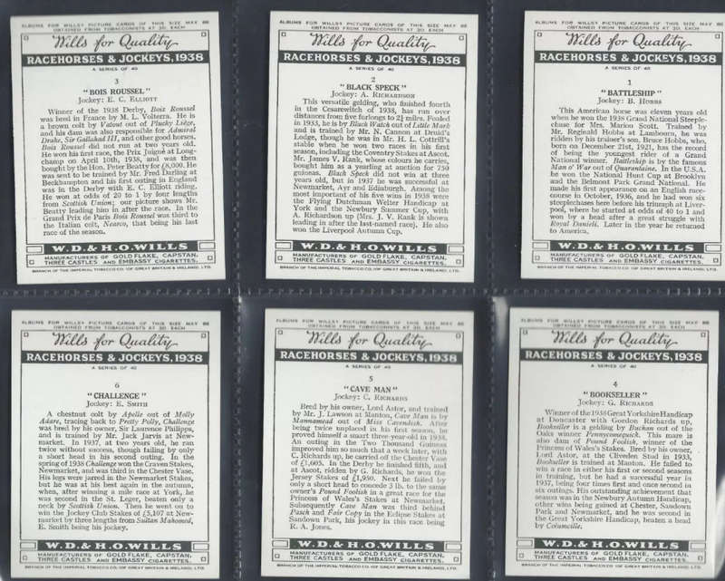 Wills Cigarette Cards: Racehorses and Jockeys 1938 Full set of 40 cards