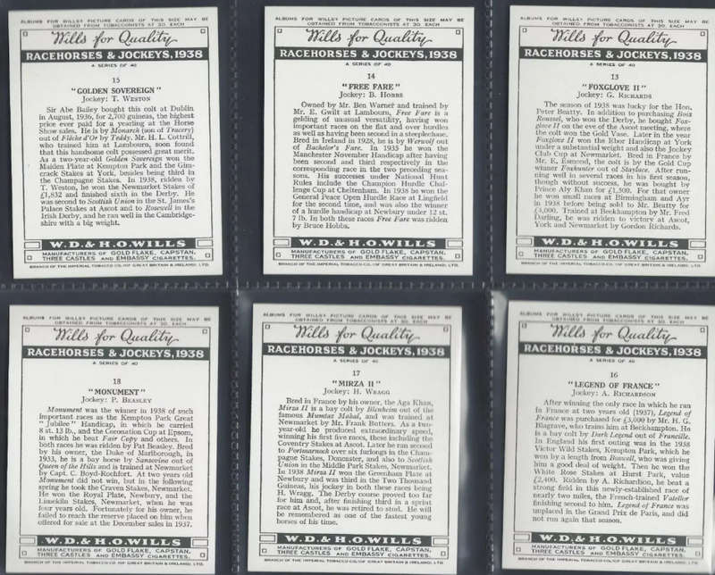 Wills Cigarette Cards: Racehorses and Jockeys 1938 Full set of 40 cards