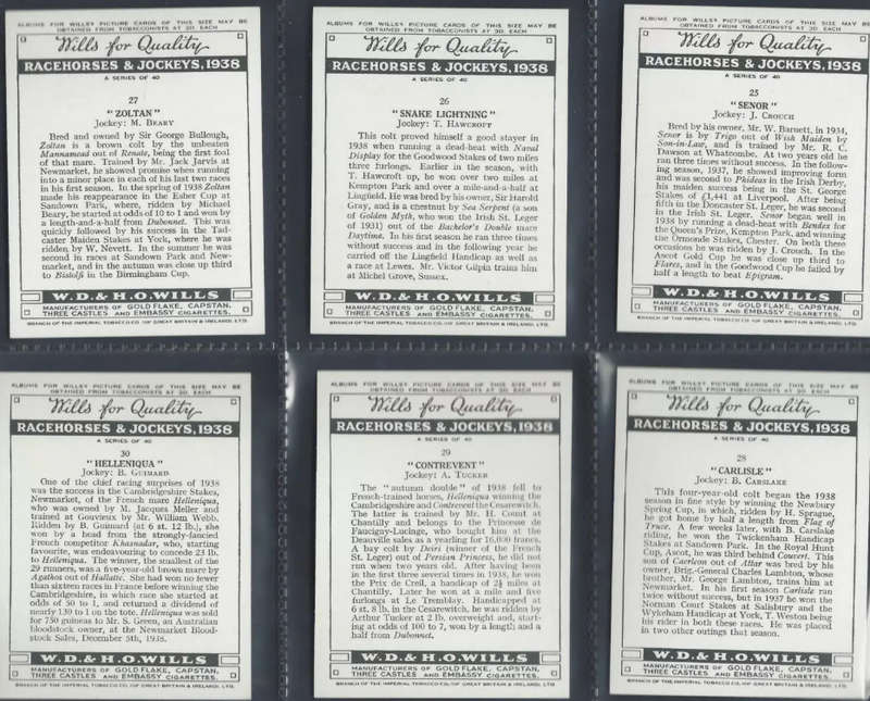 Wills Cigarette Cards: Racehorses and Jockeys 1938 Full set of 40 cards