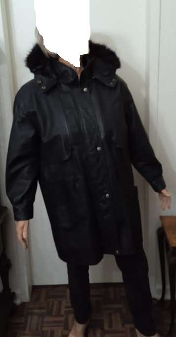 Wilsons Leather Black Hooded Mid-Length Jacket with Faux Fur Trim Hood