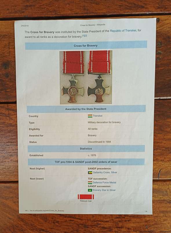 SADF - TRANSKEI DEFENCE FORCE - CROSS FOR BRAVERY (ULTRA SCARCE) - FULL SIZE